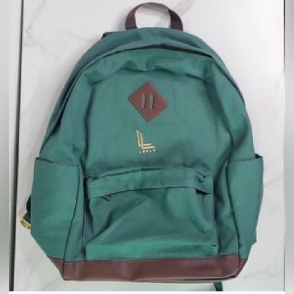 NWOT Loulu green canvas and brown vegan leather backpack laptop bag ,minimalist
